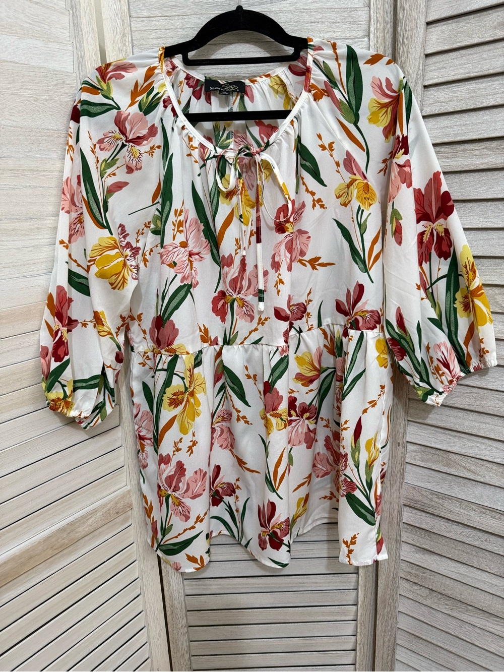 Suzanne Betro White Floral Tie-Neck Tunic with Yellow, Pink & Green